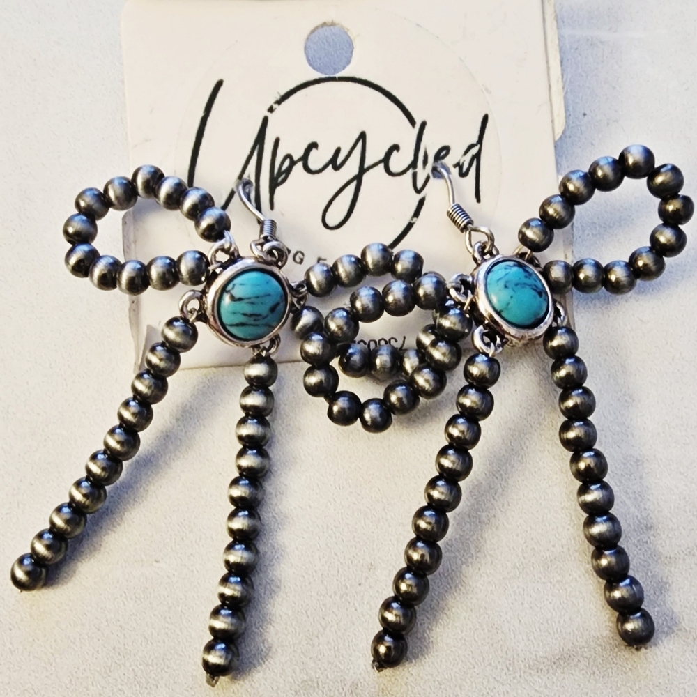 Faux Turquoise & Pewter Toned Bow Shaped Boho Earrings